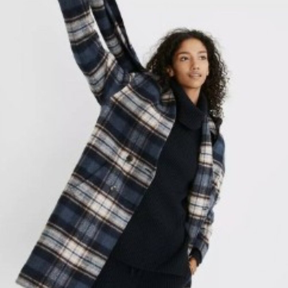 Madewell Plaid Scarf Coat Sz L Navy Pink Plaid $348 Topcoat Removable Scarf
